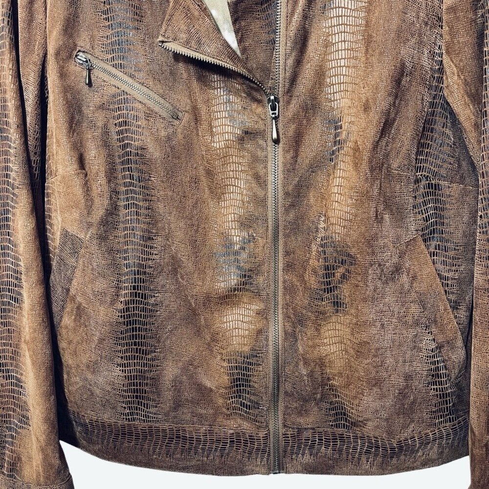 BIRCH HILL Snakeskin Moto Trucker Jacket Women Medium Brown Multi Faux‎ Suede - Picture 5 of 14